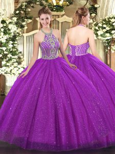 Modern Fuchsia Sweet 16 Quinceanera Dress Military Ball and Sweet 16 and Quinceanera with Beading Halter Top Sleeveless Lace Up