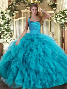 Teal Tulle Lace Up Quinceanera Dresses Sleeveless Floor Length Ruffles