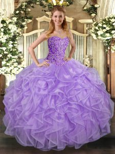 Lavender Sweetheart Neckline Beading and Ruffles Ball Gown Prom Dress Sleeveless Lace Up