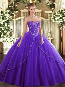 On Sale Sweetheart Sleeveless Quinceanera Gown Brush Train Appliques and Embroidery Purple Tulle