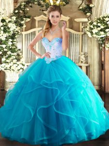 Perfect Aqua Blue Ball Gowns Tulle Sweetheart Sleeveless Beading and Ruffles Floor Length Lace Up Vestidos de Quinceanera