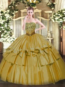 Spectacular Brown Lace Up Strapless Beading and Ruffled Layers Sweet 16 Dress Organza and Taffeta Sleeveless