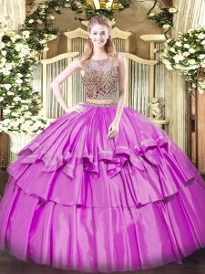 Deluxe Lilac Sleeveless Organza and Taffeta Lace Up Ball Gown Prom Dress for Military Ball and Sweet 16 and Quinceanera