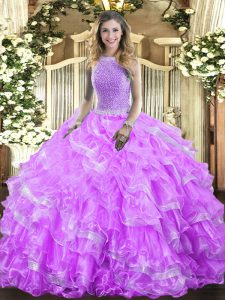 Lavender Ball Gowns Beading and Ruffled Layers Sweet 16 Quinceanera Dress Lace Up Organza Sleeveless Floor Length