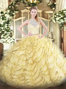 Brush Train Two Pieces 15 Quinceanera Dress Gold Scoop Tulle Sleeveless Zipper