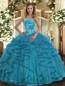 Enchanting Floor Length Lace Up Ball Gown Prom Dress Teal for Military Ball and Sweet 16 and Quinceanera with Beading and Ruffles