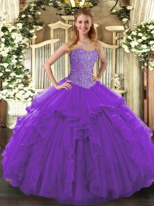 Exquisite Purple Sleeveless Tulle Lace Up Sweet 16 Dress for Military Ball and Sweet 16 and Quinceanera
