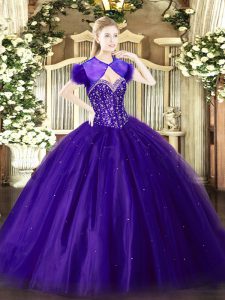 Luxury Sweetheart Sleeveless Sweet 16 Quinceanera Dress Floor Length Beading Purple Tulle