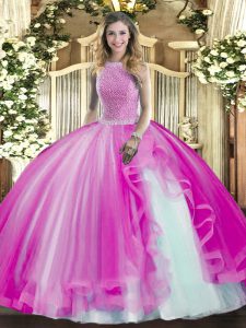 Clearance Fuchsia Tulle Lace Up High-neck Sleeveless Floor Length Quinceanera Gown Beading and Ruffles