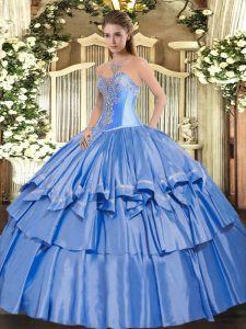 Hot Selling Baby Blue Sweetheart Lace Up Beading and Ruffled Layers 15th Birthday Dress Sleeveless