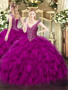 Decent Fuchsia Ball Gowns Organza V-neck Sleeveless Beading and Ruffles Floor Length Lace Up 15 Quinceanera Dress