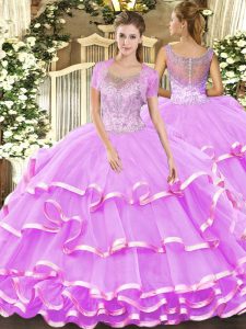 Scoop Sleeveless Clasp Handle Ball Gown Prom Dress Lilac Tulle