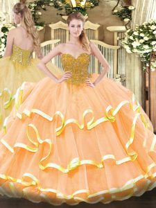Most Popular Peach Sleeveless Organza Lace Up Ball Gown Prom Dress for Military Ball and Sweet 16 and Quinceanera