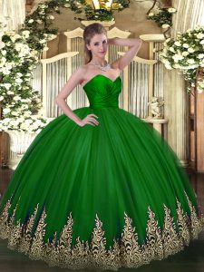 Attractive Green Sleeveless Floor Length Appliques Zipper Quinceanera Gowns