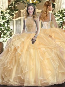Ideal Champagne Sleeveless Organza Lace Up Quinceanera Dress for Military Ball and Sweet 16 and Quinceanera