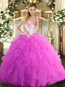 Sweetheart Sleeveless 15th Birthday Dress Floor Length Beading and Ruffles Rose Pink Tulle