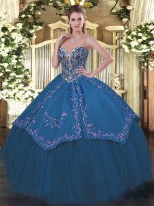 Adorable Blue Sleeveless Beading and Embroidery Floor Length Quince Ball Gowns