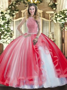 Inexpensive High-neck Sleeveless Lace Up 15th Birthday Dress Red Tulle