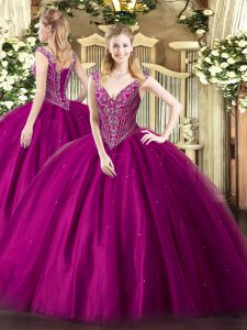 Cheap Ball Gowns Ball Gown Prom Dress Fuchsia V-neck Tulle Sleeveless Floor Length Lace Up