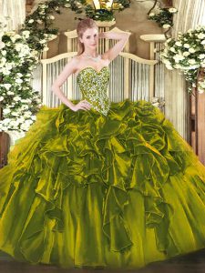 Trendy Olive Green Lace Up Quinceanera Gown Beading and Ruffles Sleeveless Floor Length