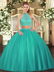 Turquoise Two Pieces Tulle Halter Top Sleeveless Beading Floor Length Criss Cross Quinceanera Dress