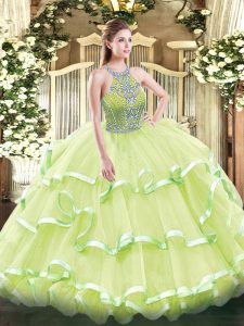 Yellow Green Halter Top Lace Up Beading and Ruffled Layers Sweet 16 Dresses Sleeveless