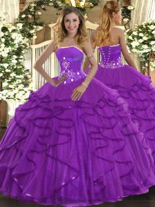 Traditional Ball Gowns 15 Quinceanera Dress Purple Strapless Tulle Sleeveless Floor Length Lace Up