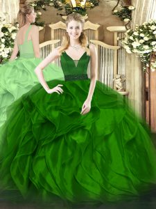 Floor Length Green Quinceanera Gown Straps Sleeveless Zipper