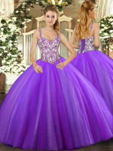 Lavender Straps Lace Up Beading and Appliques Sweet 16 Dresses Sleeveless