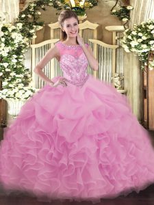 Organza Scoop Sleeveless Lace Up Beading and Ruffles Vestidos de Quinceanera in Lilac