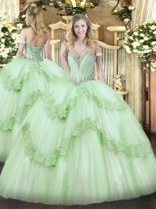 Floor Length Lace Up Vestidos de Quinceanera Apple Green for Military Ball and Sweet 16 and Quinceanera with Beading and Appliques
