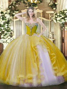 Suitable Floor Length Gold Quince Ball Gowns Sweetheart Sleeveless Lace Up