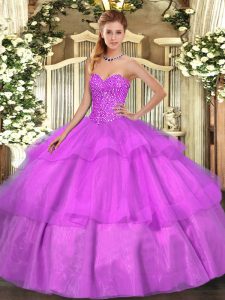 Lilac Ball Gowns Tulle Sweetheart Sleeveless Beading and Ruffled Layers Floor Length Lace Up Ball Gown Prom Dress