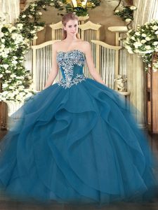 Teal Ball Gowns Beading and Ruffles Quinceanera Dresses Lace Up Tulle Sleeveless Floor Length