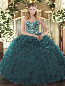 Fancy Teal Sleeveless Beading and Ruffled Layers Floor Length Quinceanera Dress