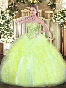 Yellow Green Ball Gowns Tulle Sweetheart Sleeveless Appliques and Ruffles Floor Length Lace Up Quince Ball Gowns