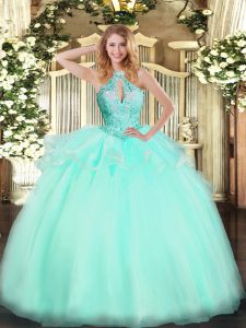Aqua Blue Sweet 16 Dress Military Ball and Sweet 16 and Quinceanera with Beading Halter Top Sleeveless Lace Up