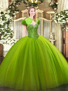 Pretty Sleeveless Tulle Floor Length Lace Up Quince Ball Gowns in with Beading