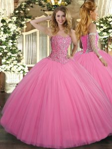 Sweetheart Sleeveless Quinceanera Dress Floor Length Beading Rose Pink Tulle