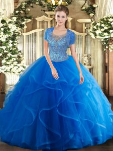Royal Blue Clasp Handle Scoop Beading and Ruffles Ball Gown Prom Dress Tulle Sleeveless