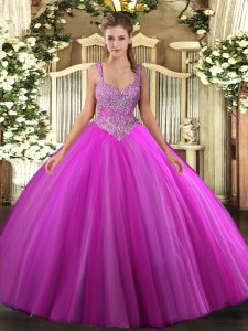 Luxurious Sleeveless Tulle Floor Length Lace Up Quinceanera Gowns in Fuchsia with Beading