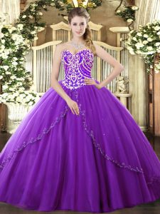 Brush Train Ball Gowns Quince Ball Gowns Purple Sweetheart Tulle Sleeveless Lace Up