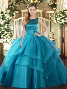 Teal Sleeveless Floor Length Ruffled Layers Lace Up Quince Ball Gowns