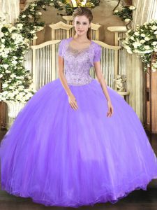Lavender Vestidos de Quinceanera Military Ball and Sweet 16 and Quinceanera with Beading Scoop Sleeveless Clasp Handle