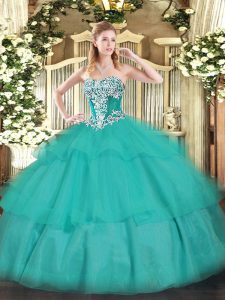 Custom Fit Beading and Ruffled Layers Quinceanera Dresses Turquoise Lace Up Sleeveless Floor Length