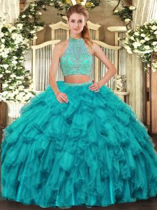 Top Selling Sleeveless Organza Floor Length Criss Cross 15 Quinceanera Dress in Turquoise with Beading and Ruffles