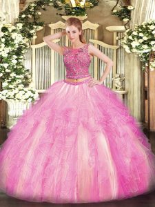 Ideal Rose Pink Sweet 16 Dresses Military Ball and Sweet 16 and Quinceanera with Beading and Ruffles Scoop Sleeveless Lace Up