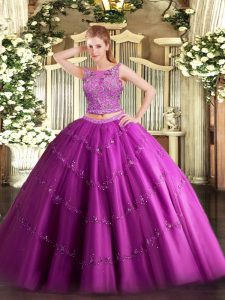 Fuchsia Scoop Neckline Beading and Appliques Quince Ball Gowns Sleeveless Lace Up