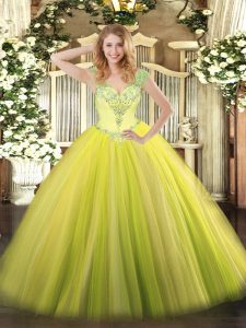 V-neck Sleeveless Sweet 16 Quinceanera Dress Floor Length Beading and Ruffles Yellow Green Tulle