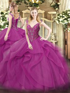 Edgy Floor Length Lace Up Sweet 16 Quinceanera Dress Lilac for Military Ball and Sweet 16 and Quinceanera with Beading and Ruffles